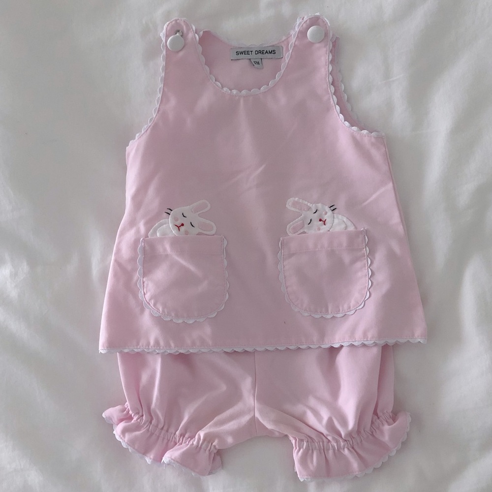 Sweet Dreams Pink Easter Top + Short Set, Bunny Embroidery 12m Baby Girl